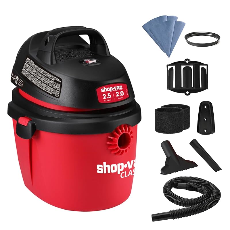 Aspirador de Pó e Líquidos Shop-Vac 2,5 galões, 2,0 HP de pico, Compacto com Suporte de Parede e Acessórios