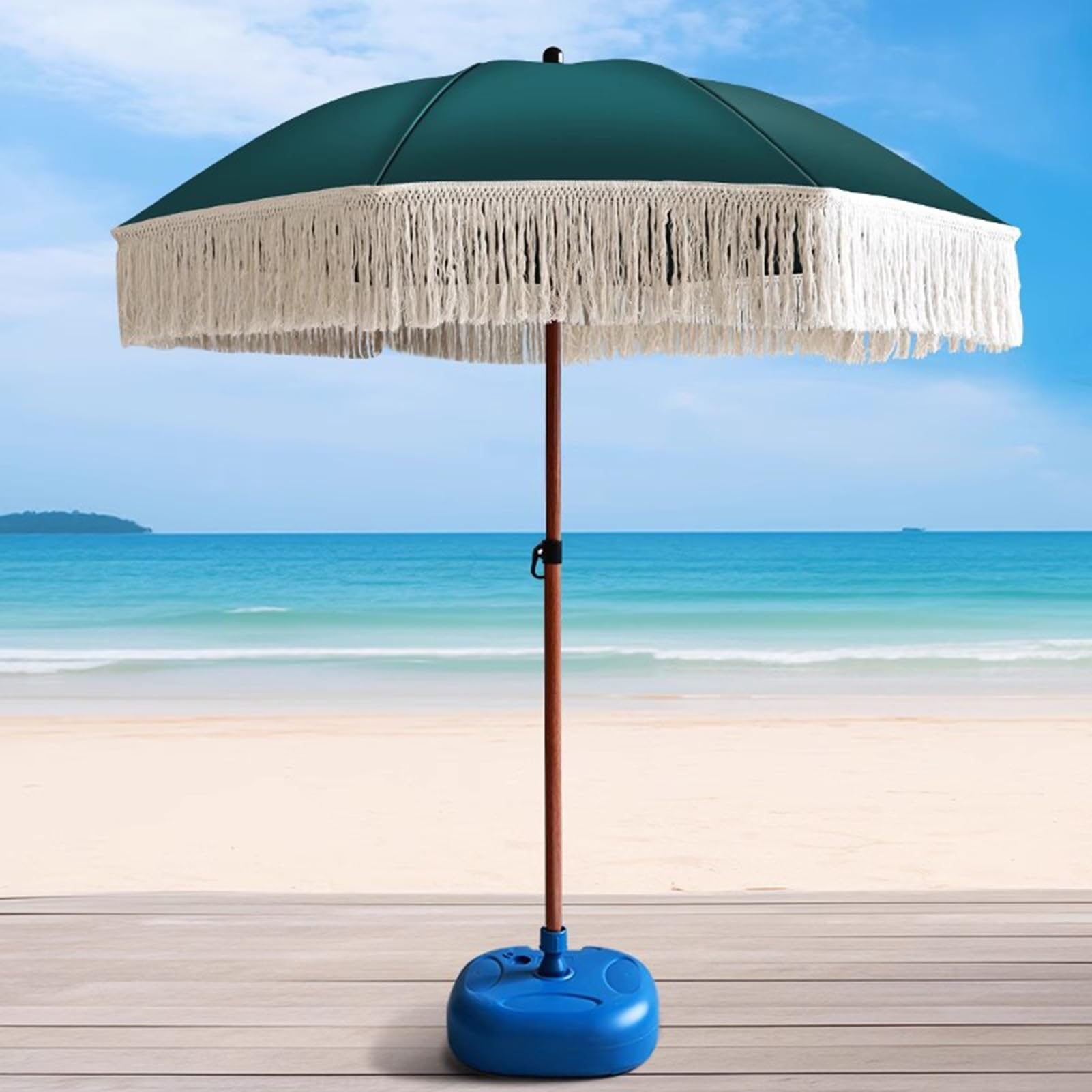 Parasole da Esterno con Nappa 180 cm, Ombrellone da Spiaggia Rotondo Portatile, Palo in Alluminio Effetto Legno, Protezione UV, Senza Base