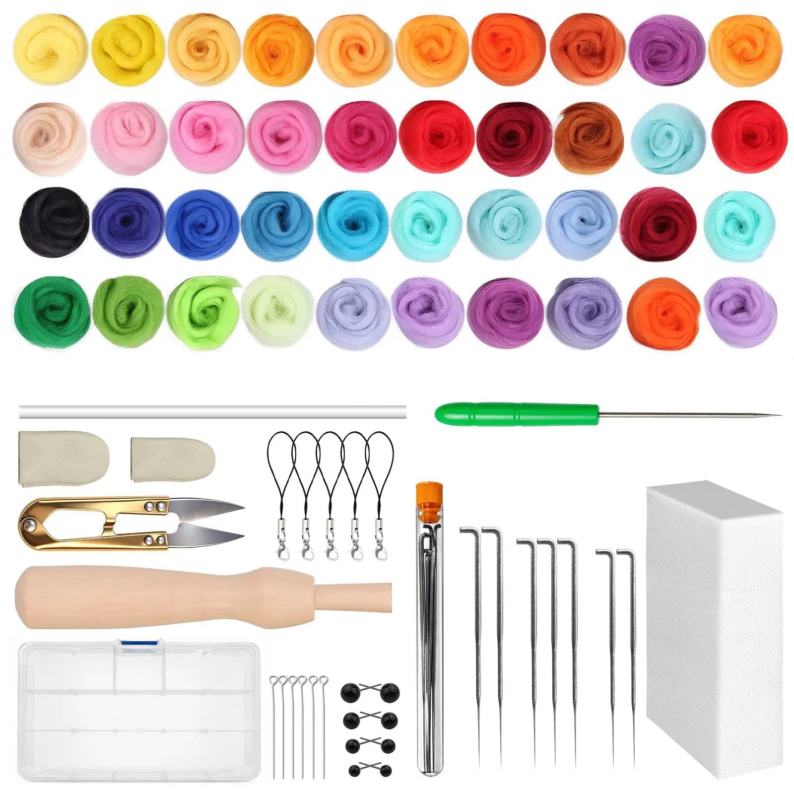 kelav 40 Farben Filzwolle, Filzen Starterset mit 120g Märchenwolle Filznadeln und Zubehör, Filzset für Anfänger Nadelfilz Set für Nassfilzen und Trockenfilzen DIY Handwerk Deko