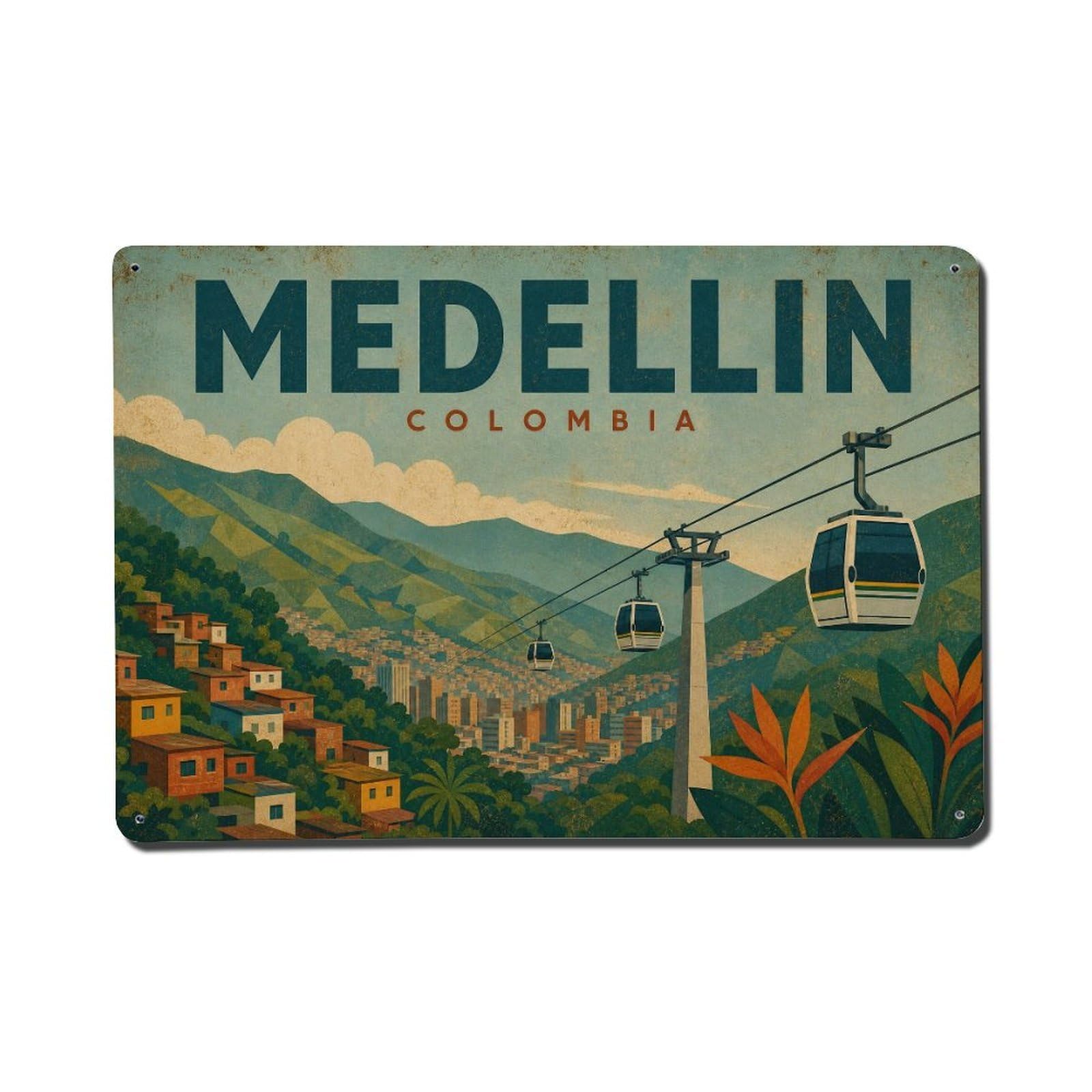 Vintage Travel Colombia Medellin Metal Tin Sign