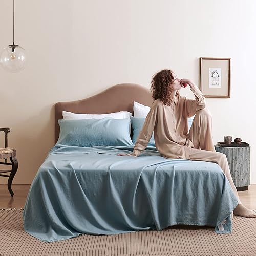 Bedsure Linen Sheets Set King Size - 100% Linen Bed Sheets Deep Pocket Sheets, Breathable Bedding Set, Washed French Linen Sheet ( Blue, 108"x102" )