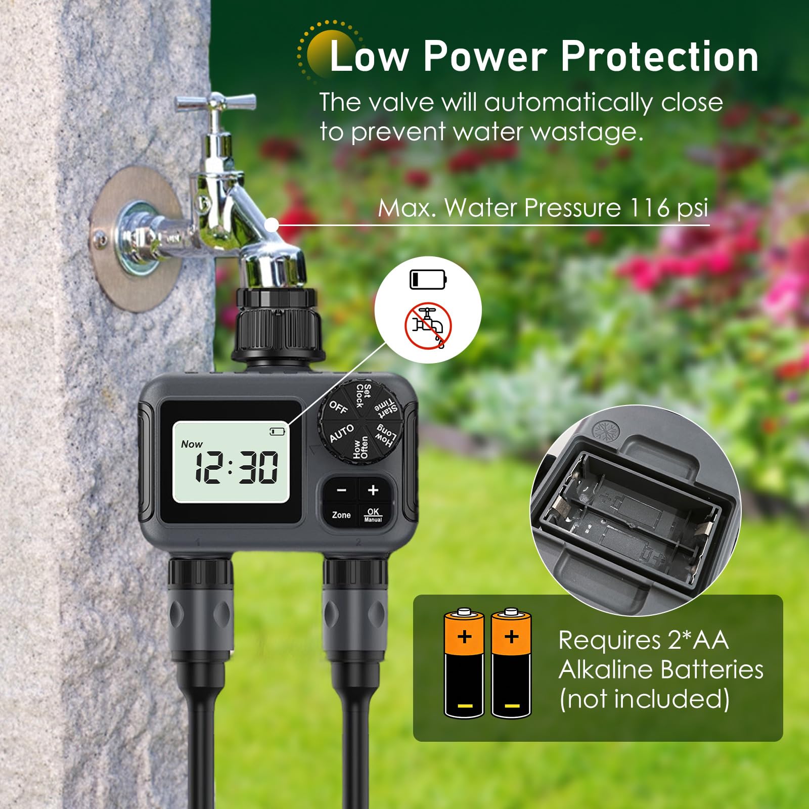 Temporizador de Riego 2 Salidas, Programador de Riego Automático con Retraso por Lluvia/Bloqueo para Niños/Riego Manual, Temporizadores de Mangueras de Jardín para Césped, IPX5 a Prueba de Agua