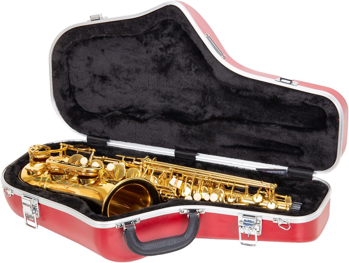 Crossrock ABS Alto Saxophone Case – Contoured Red Finish, Long-Pile Black Plush Interior, Accessory Pocket, Security Lock & Detachable Strap
