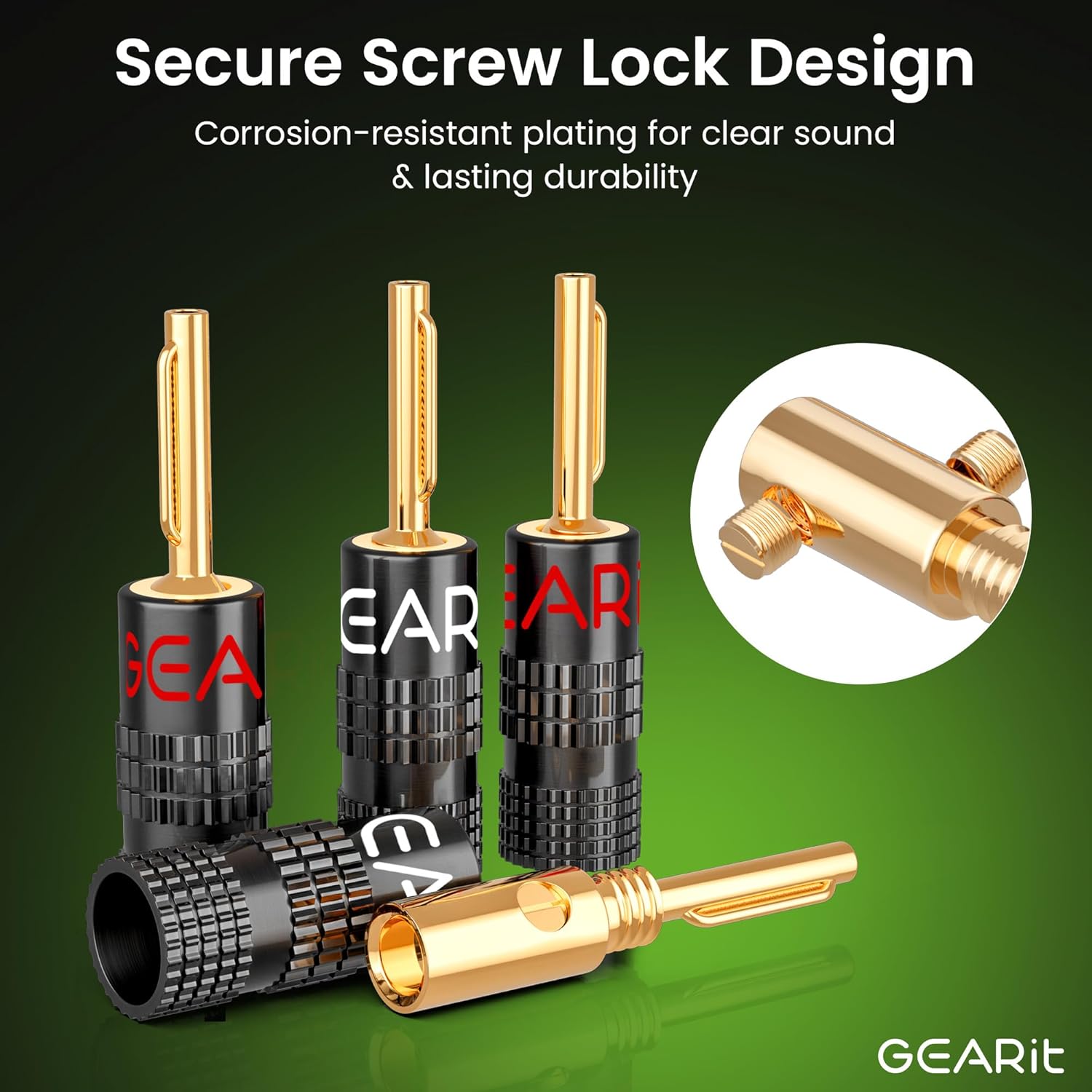 GEARit Banana Plugs for Speaker Wire (6 Pairs, 12 Pieces), Pin Plug Closed Screw Type, 24K Gold Plated Connectors, Banana Pins (Support 12 AWG to 20 AWG Wires)