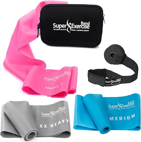 Super Exercise Band Juego de 3 bandas de resistencia de 7 pies de largo de EE. UU. Aplicación para iPhone, libro electrónico, anclaje de puerta y