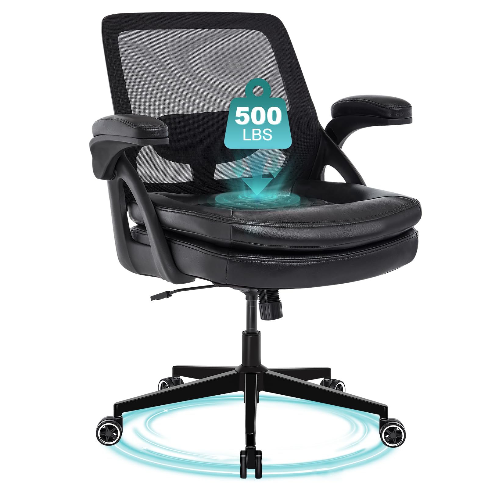 BERYTH Big and Tall Office Chair, 500lbs Mesh Heavy Duty Ergonomic Desk Chair with Flip-up Armrests, Plus Size Wide Seat in PU Leather, 360 Swivel