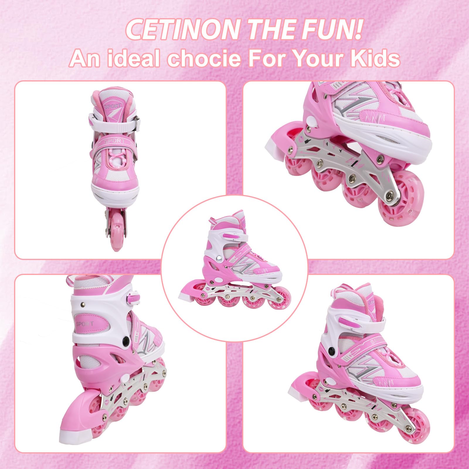 Pattini in linea per bambini regolabili per ragazze ragazzi con tutte le ruote che si illuminano, per principianti grandi pattini a rotelle per bambini all'aperto e al coperto (Rosa Bianco, S)