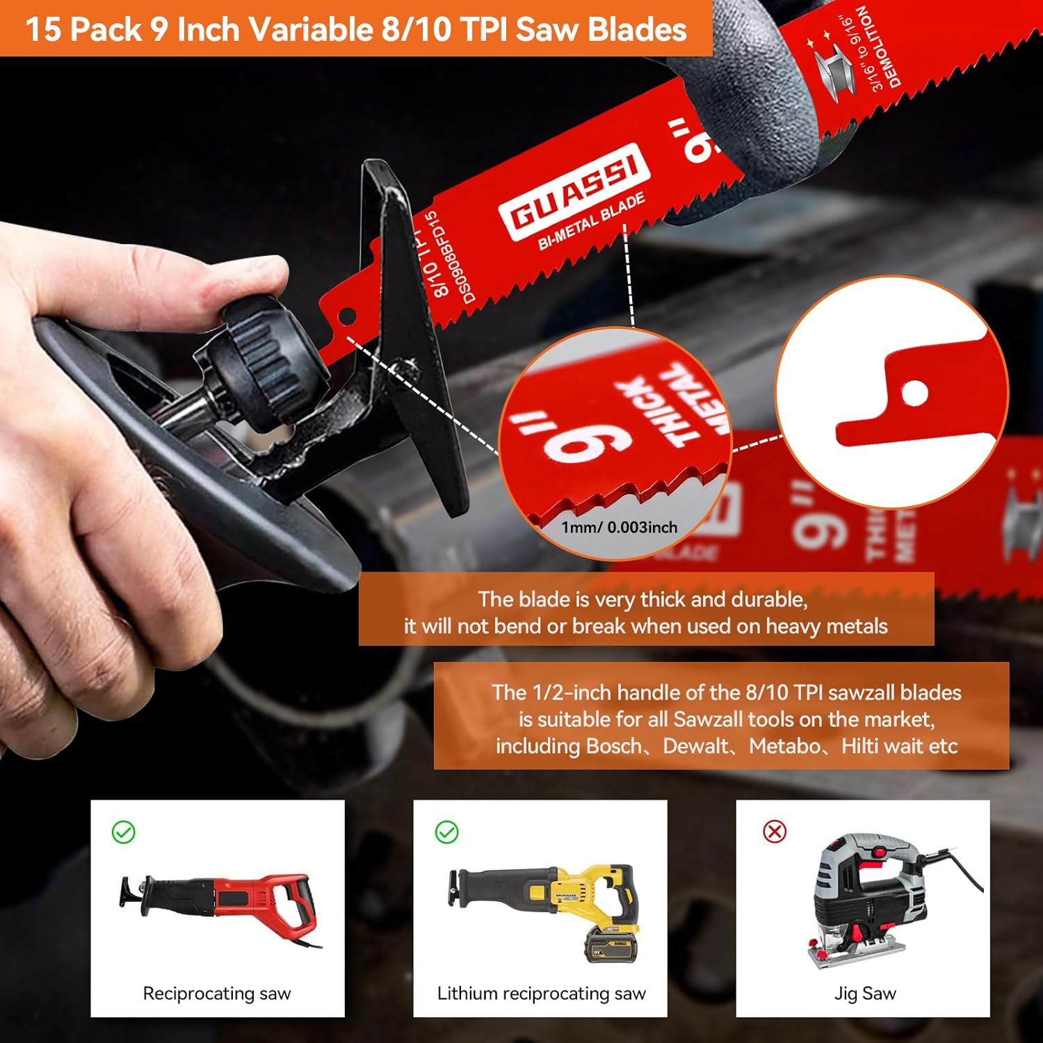 15 Pack 9 Inch 8/10TPI Bi-Metal Reciprocating Saw Blades for Metal Cutting and Demolition Applications Ranging from 3/16" to 9/16",for Diablo Sawzall Blades DS0908BFD15