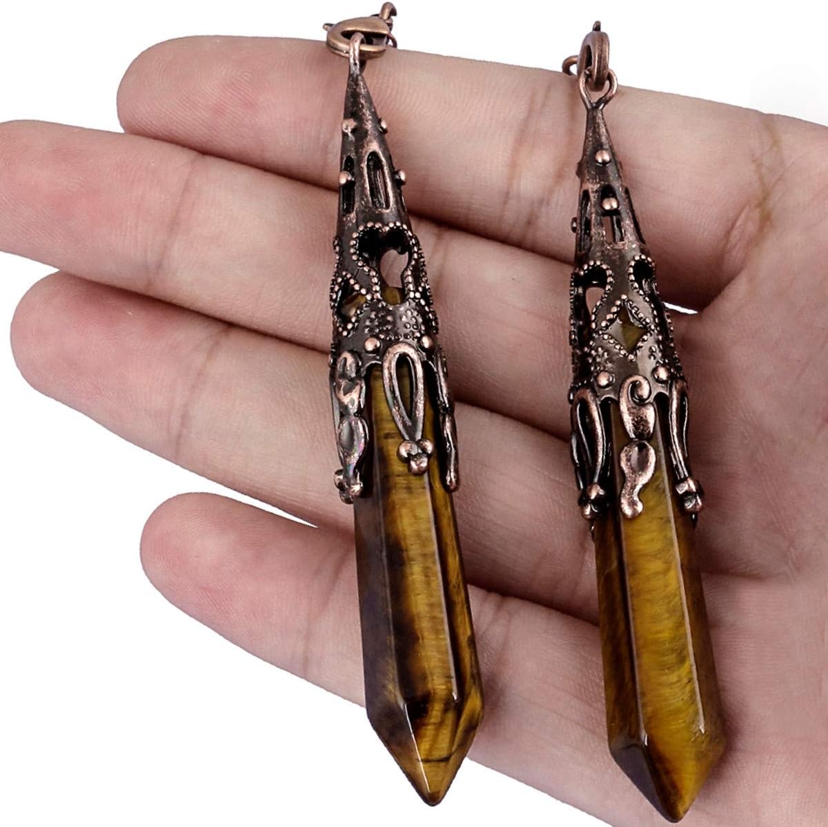 Nupuyai Vintage Tiger's Eye Crystal Point Dowsing Pendulum for Healing Divination Scrying Hexagonal Gemstone Pendant Pendulum with Chain - Image 4
