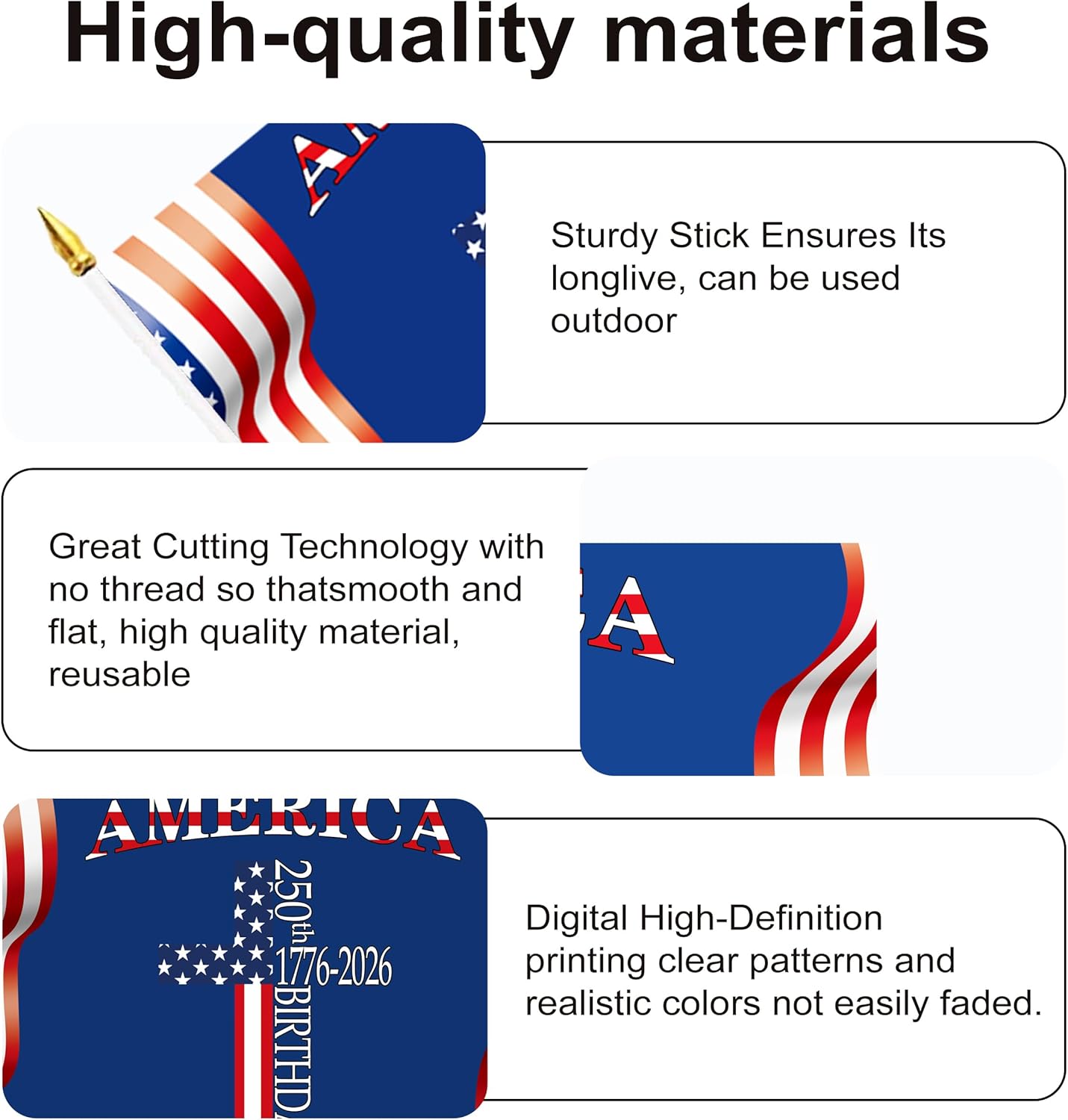 100 Pcs 250 Anniversary USA Small Stick Flags 250 Year American Anniversary flag Handheld Flag for Outside 4th of July Independence Day Patriotic Signs Hand Held Flags for Room House Welcome Lawn Backdrop Parade (B Flag, 100Pcs)