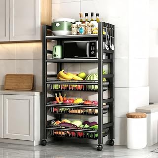 U-HOOME 5 Tier Metal Rolling Kitchen Rack with Wheels Storage Rolling Utility Cart for Kitchen Home Organization, Slim Rollings Storage Cart with Wheels for Small Spaces, Narrow Metal Kitchen Cart