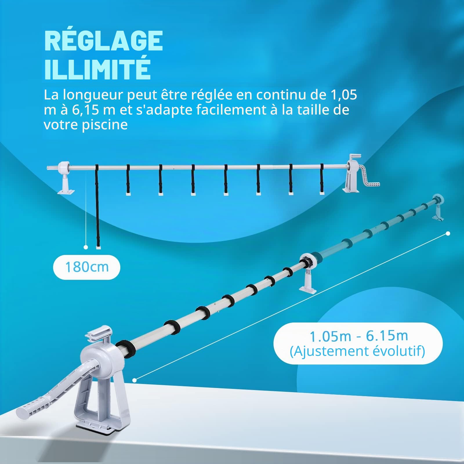 UISEBRT Enrouleur de piscine Systèmes d'enroulement 1,05m - 6,15m pour les bâches de piscine, dispositif d'enroulement pour les enrouleurs de bâches de piscine avec bandes de fixation, système