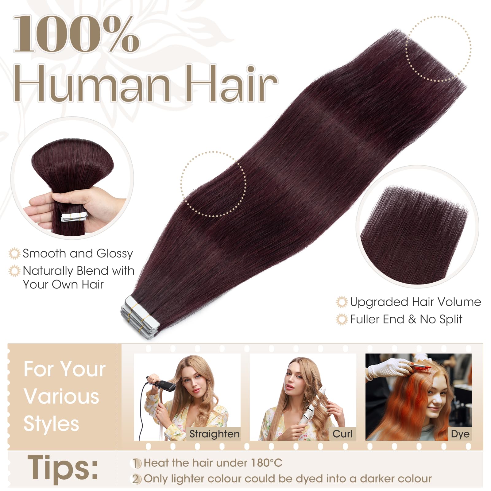Elailite Tape in Hair Extensions Real Human Hair 20 Pcs, Invisible Skin Weft Real Remy Hair Extension Straight (#99J Wine Red - Image 3