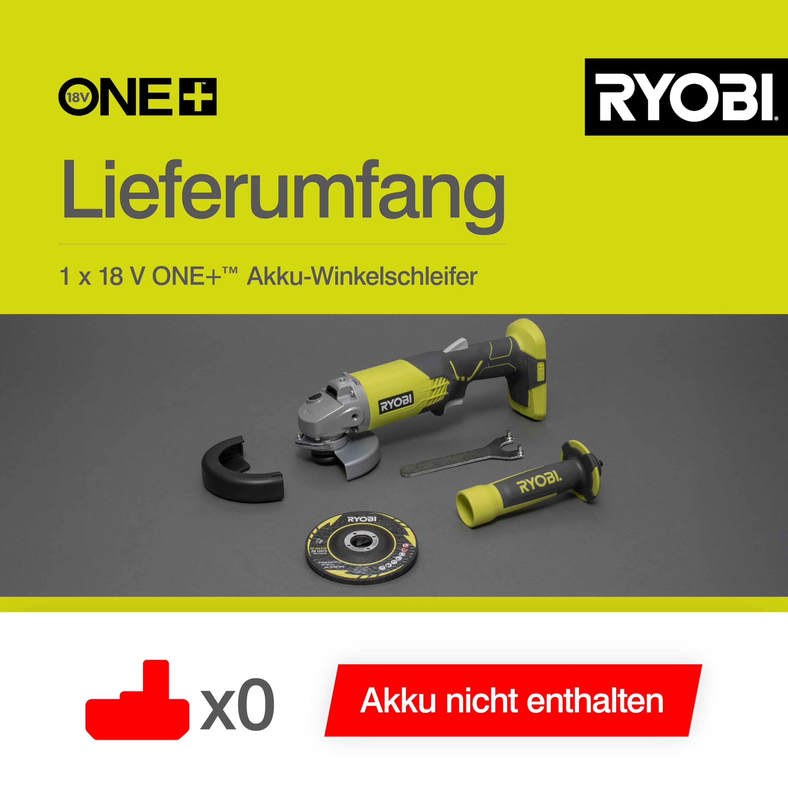 RYOBI 18 V ONE+ Akku-Winkelschleifer R18AG-0, kabelloses Schleif- und Trennwerkzeug, 7500 U/min, kraftvolle Metall-, Stein- & Fliesenbearbeitung