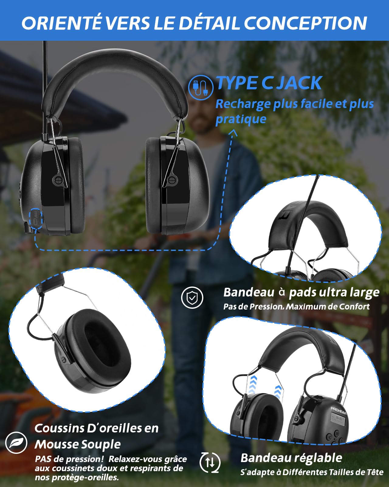 PROHEAR 033 Bluetooth Casque Anti Bruit avec FM/AM Radio, Protection Auditive Chargeable avec Technologie BT 5.4, SNR 31 dB/NRR 25dB pour Debroussailleuse, Chantier, Atelier, Jardin et Tonte