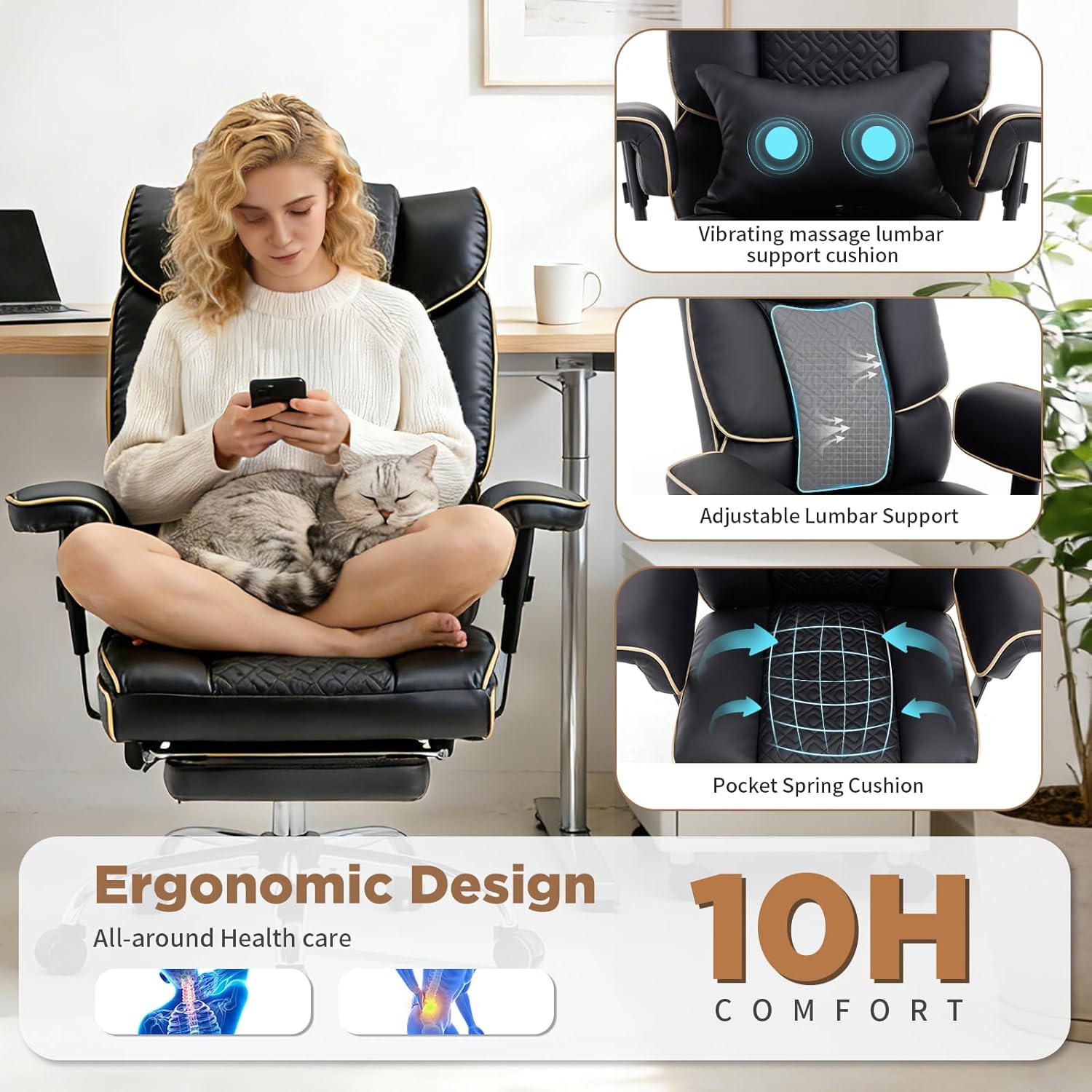 Massage Office Chair with Foot Rest, High Back Executive Desk Chair with Air Cushion & Vibration Lumbar Support, 500LBS Heavy Duty Reclining Backrest Chair with Adjustable Arms, Black