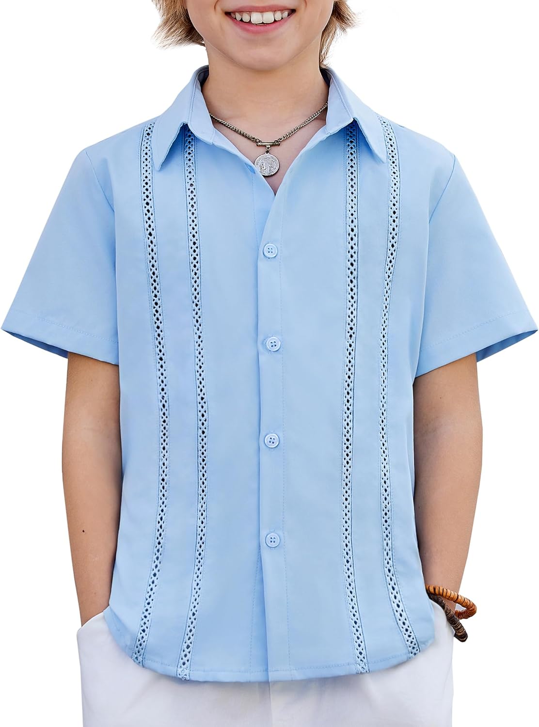 Arshiner Boys Cuban Guayabera Shirt Short Sleeve Button Down Shirt Summer Casual Linen Shirts for Kids 4-12 Years