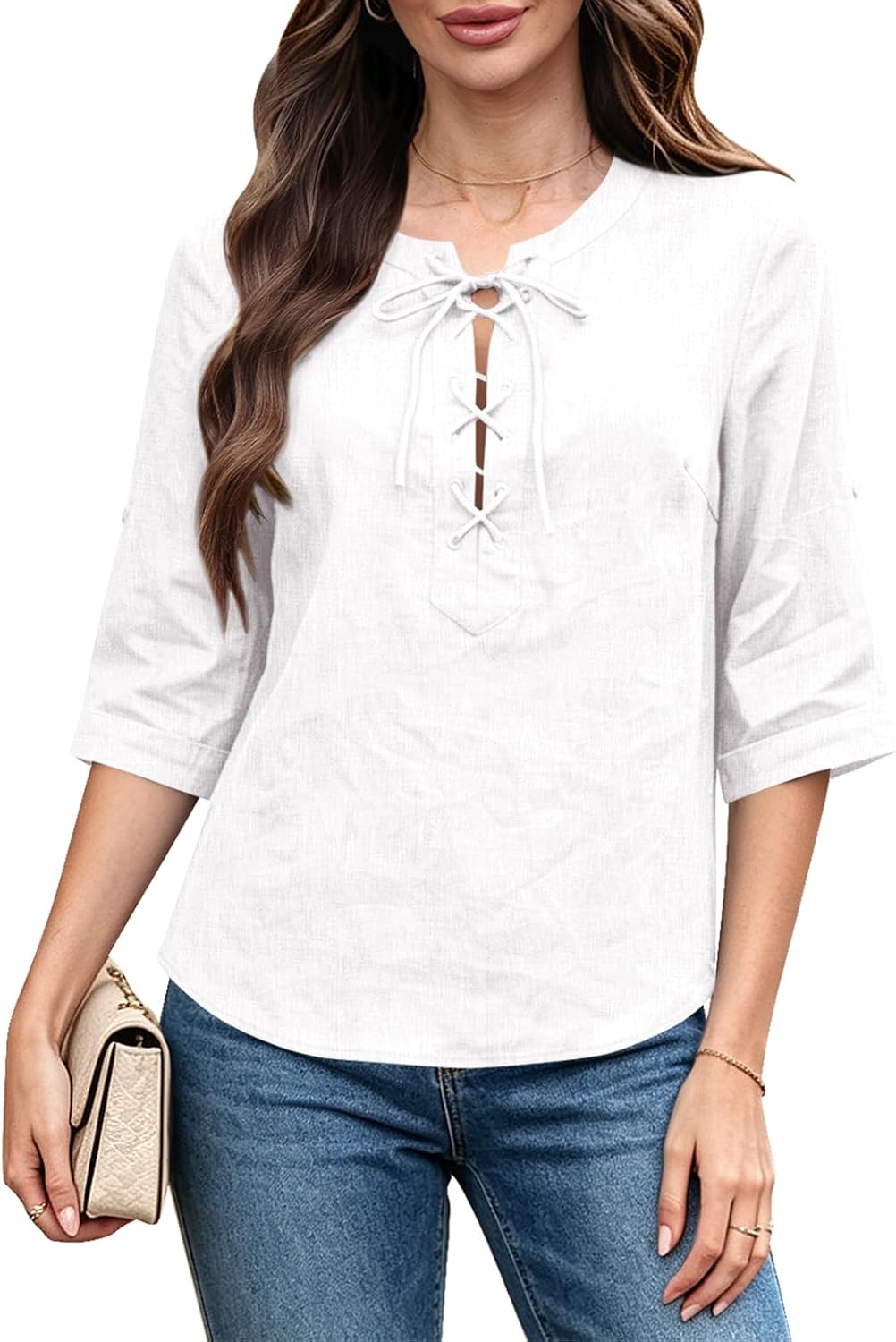 Women's 100% Linen Top 3/4 Sleeve Tie Front Criss Cross Neck 2026 Summer Shirt Blouses