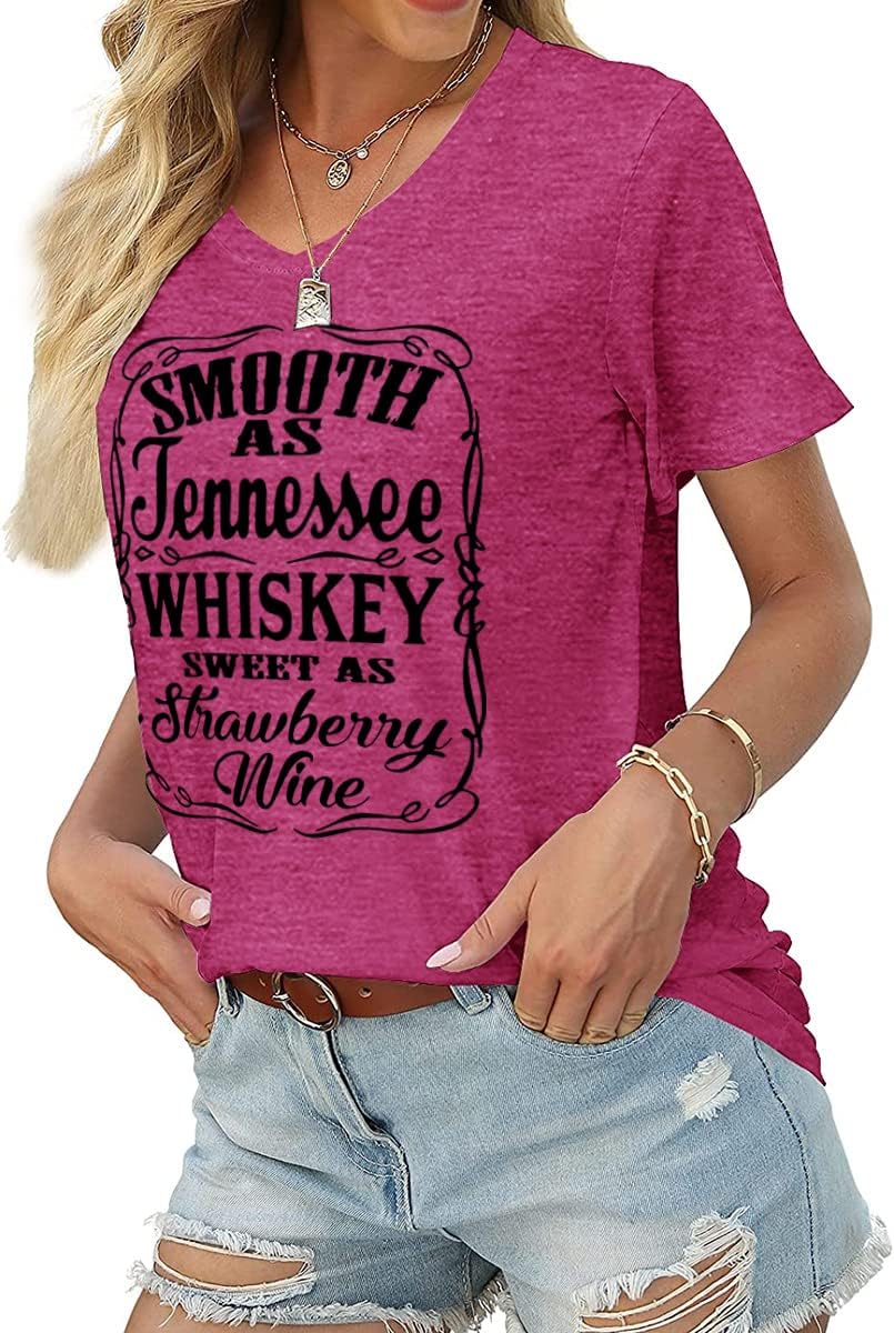 Smooth as Tennessee Whiskey Sweet as Strawberry Wine T Shirt Women V-Neck Country Music Tee Tops Drinking Blouse - Image 4