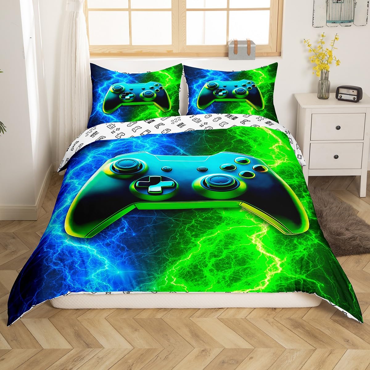 Modern Gamer Duvet Cover Set Single Size, Blue-Green Lightning Gamepad Comforter Cover with 1 Pillowcase, Video Games Bedding Set 2pcs for Kids Boy Room Decor Gaming Reversible Bedspread Cover - Image 3