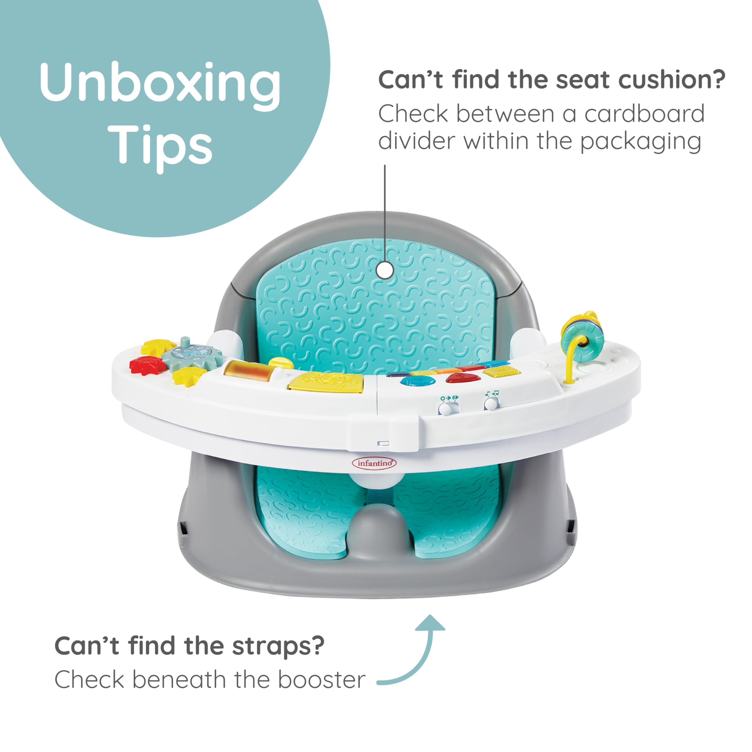 Infantino Music & Lights 3-in-1 Baby-Booster, Entdeckungssitz, Mitwachsend, Umwandelbarer Baby-Sitz, Blau