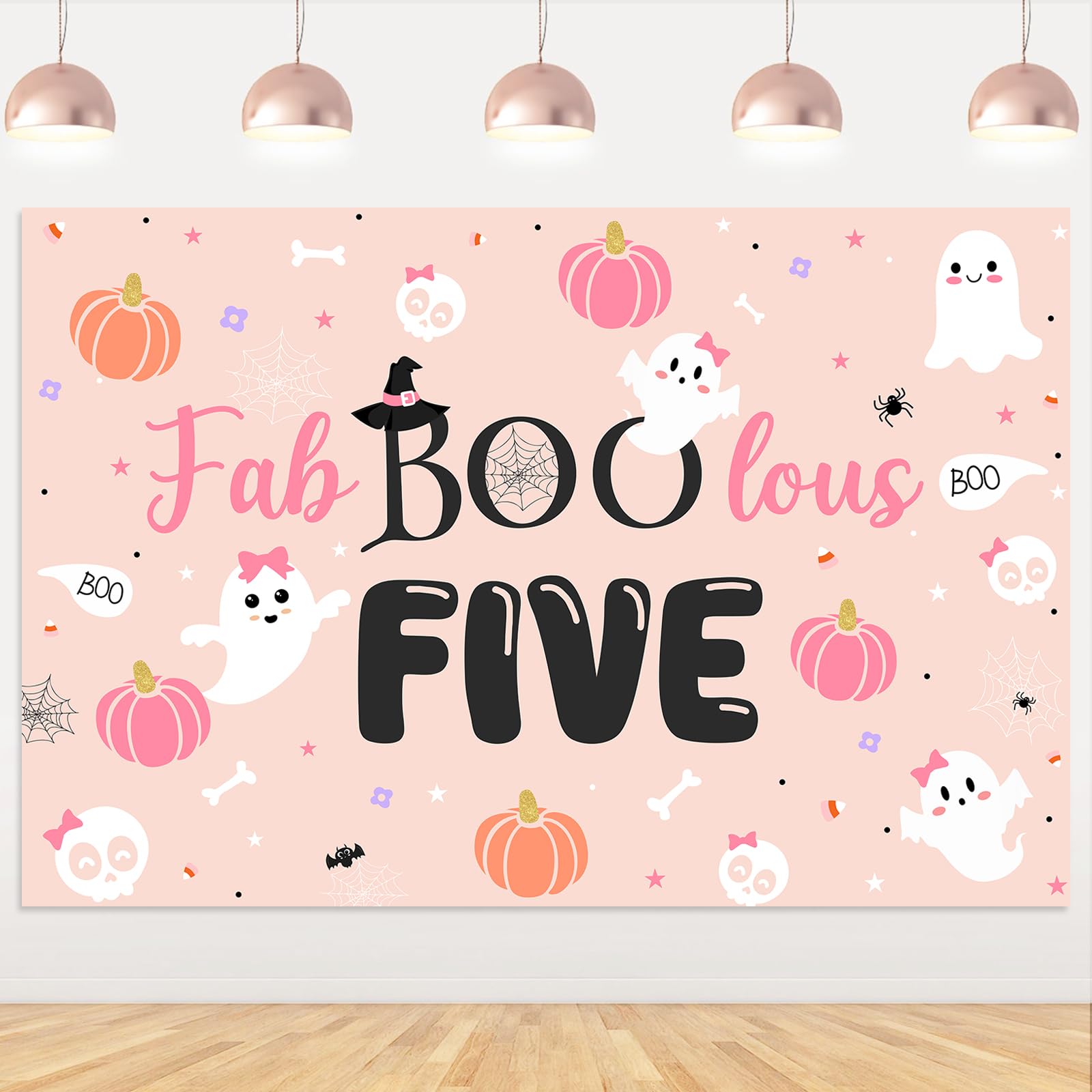 Fangleland Halloween Fabboolous Five Backdrop for Girl 5x3ft, Orange Pink Sweet 5th Birthday Background, Cute Spooky Ghost 5 Years Old Party Supplies