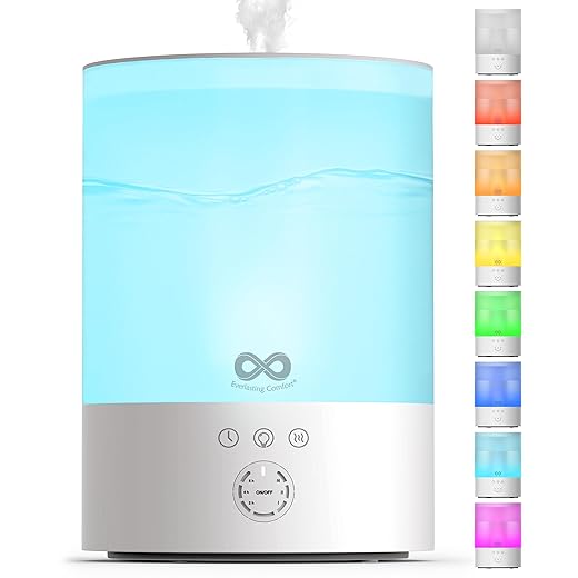 Everlasting Comfort 2.5L Top Fill Humidifier for Bedroom – Quiet, Easy to Fill & Clean, 24HR Runtime, Night Lights, Timer, Ultrasonic Cool Mist, Auto Shut-Off, Essential Oil Diffuser - White