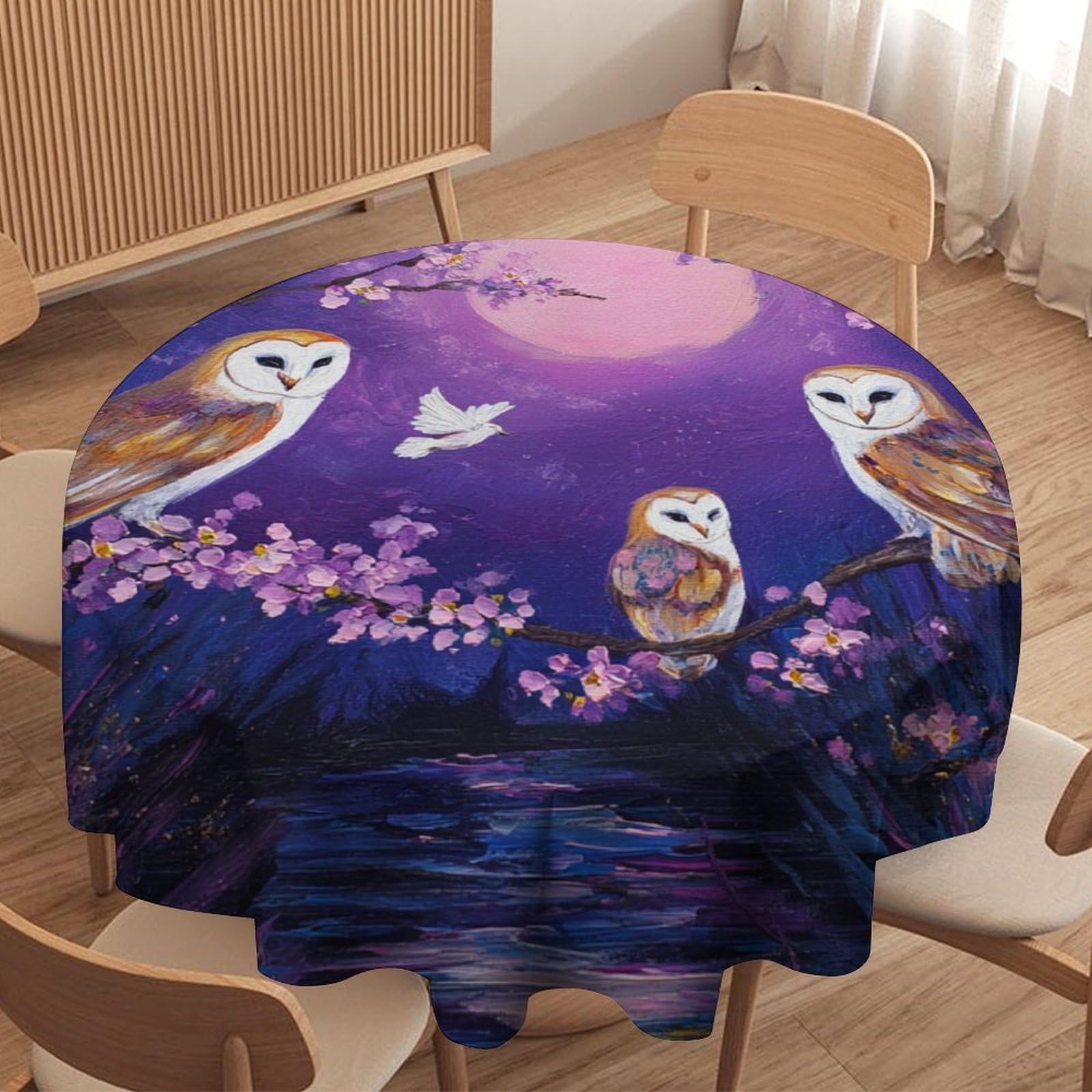LUYYSKY Retro Realistic Birds Owls Round Tablecloth Modern Painting Full Moon Cherry Blossom Trees Animals Owls Print Washable Decor for Table Cover for Kitchen-127 Wx127 L cm