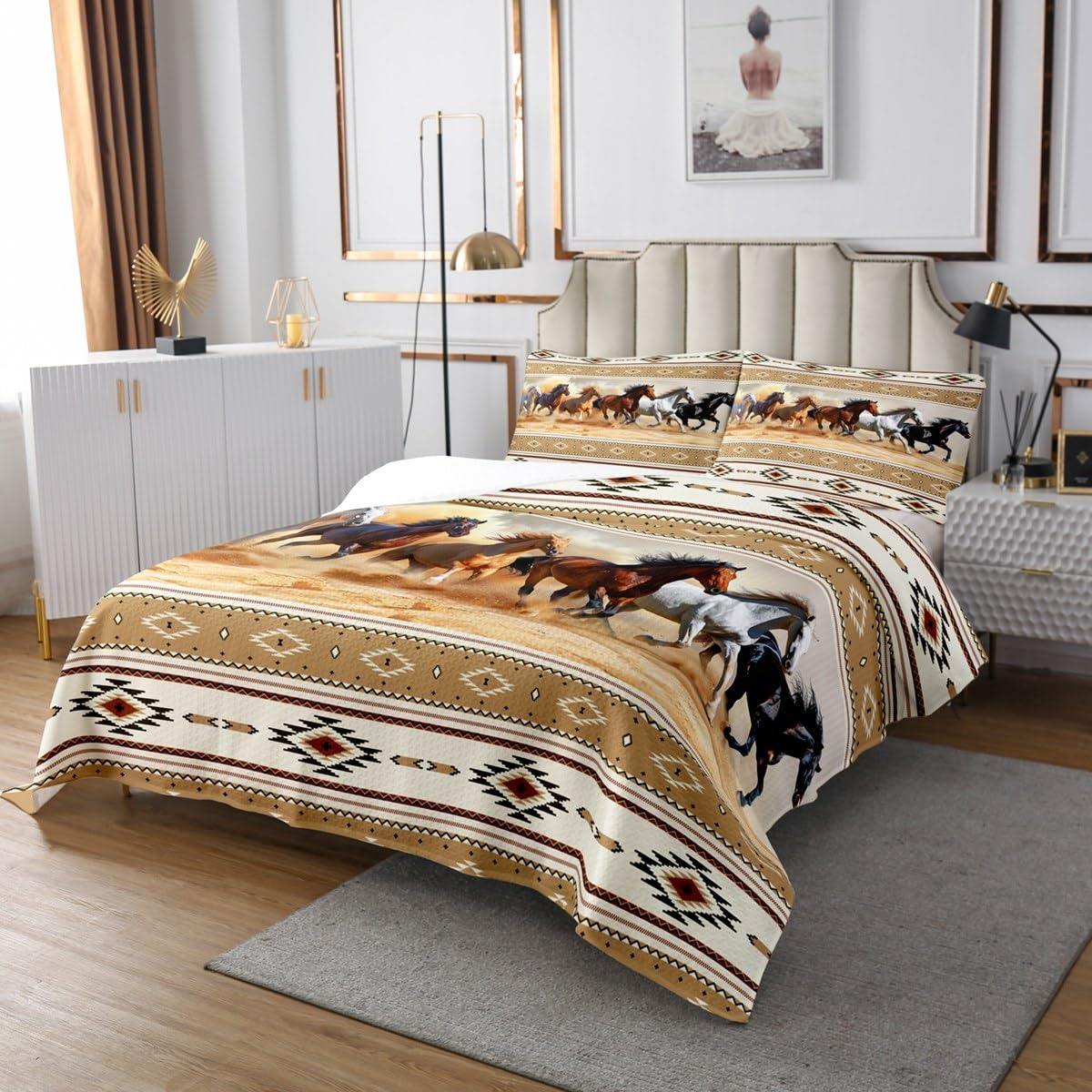Wild Animal Retro Ethnic Tribal Bedspread King,Exotic Bohemian Theme Quilted Coverlet 3pcs for Adults Teens Room Decor,Running Horse Soft Breathable Bedding Quilt