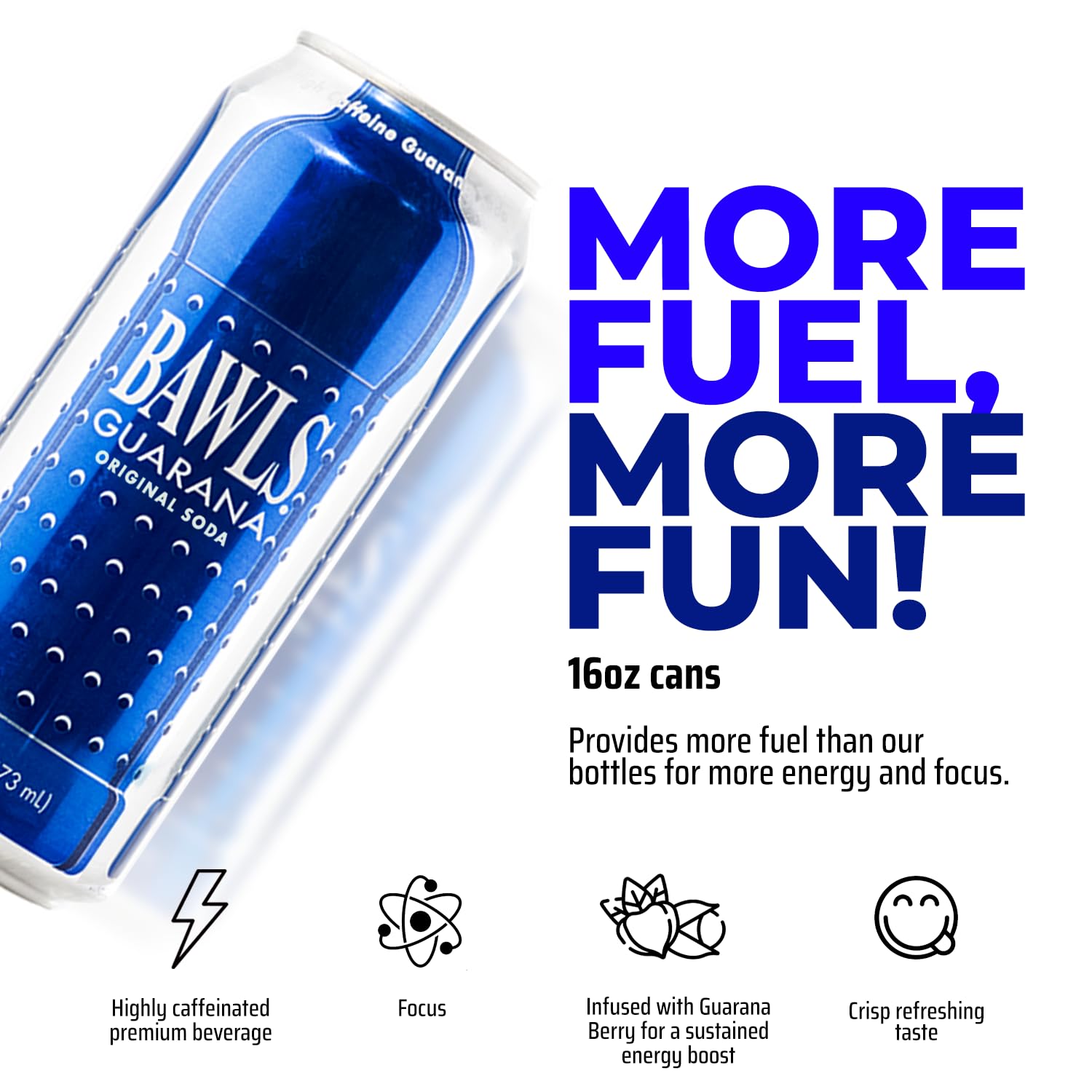 BAWLS Guarana Original, Guarana Fueled Soda for Energy, High Energy Caffeinated Drink - 16oz 12 Pack Cans