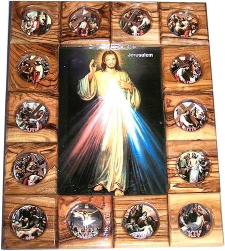 Holy Land Market Stations of The Cross Icon Plaque All in Olive Wood from Belén (11.4 x 9.4 in o 11,5 x 9,5 pulgadas) (Divine Mercy)