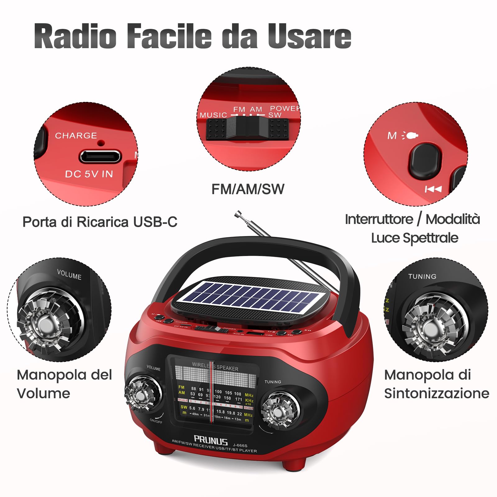PRUNUS J-666S Radio Portatile Solare AM FM SW e Altoparlante Vintage Bluetooth 6.0 15W, Stereo e Bassi Ricchi, Ricaricabile via USB C, Supporta TF/USB/AUX, Ideale per Casa e Regalo (Rosso)