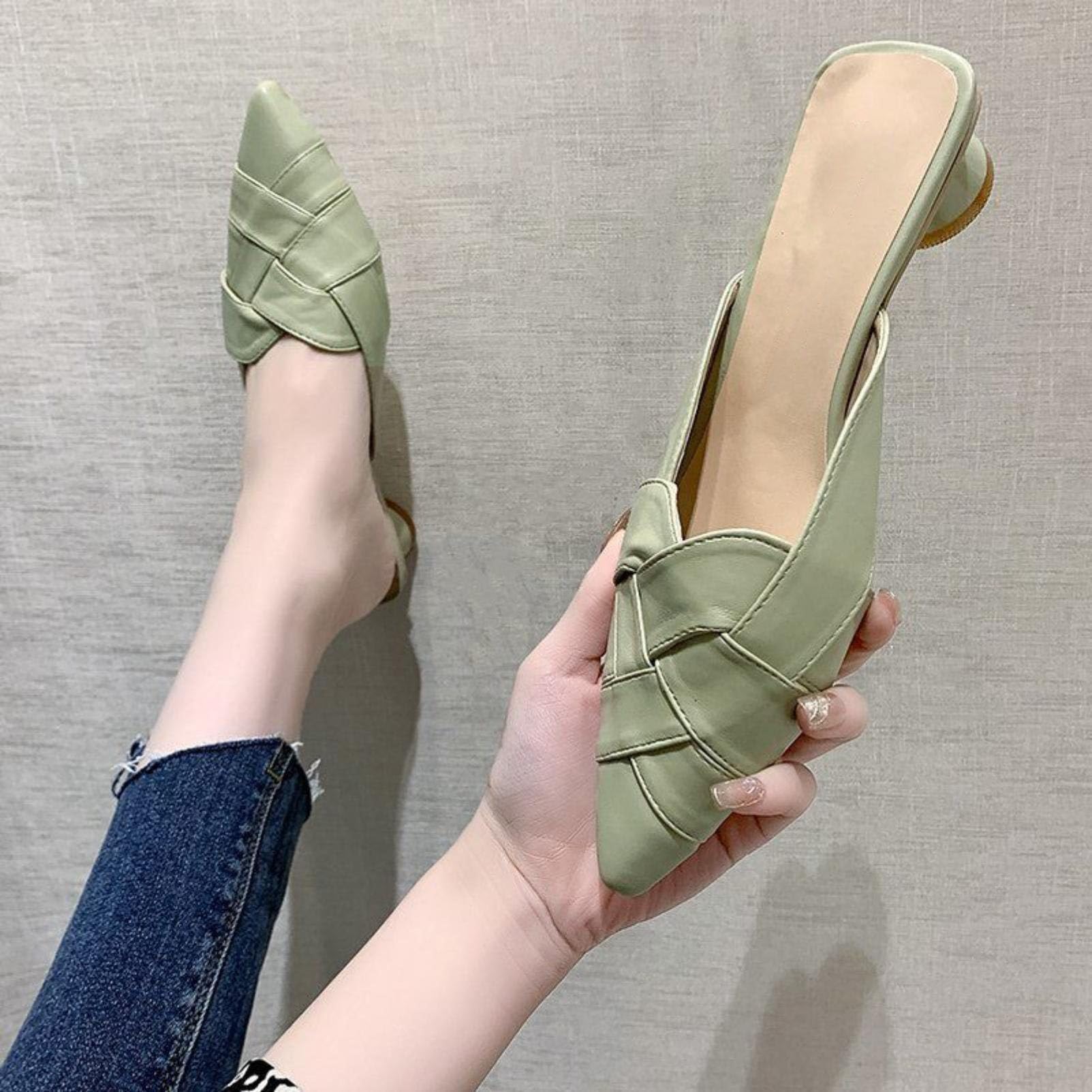 Generico Scarpe Mule da Donna con Punta Appuntita Intrecciata | Sandali Estivi Con Mini Tacco A Blocco, Scivolare Su Sandali A Ciabatta Senza Retro