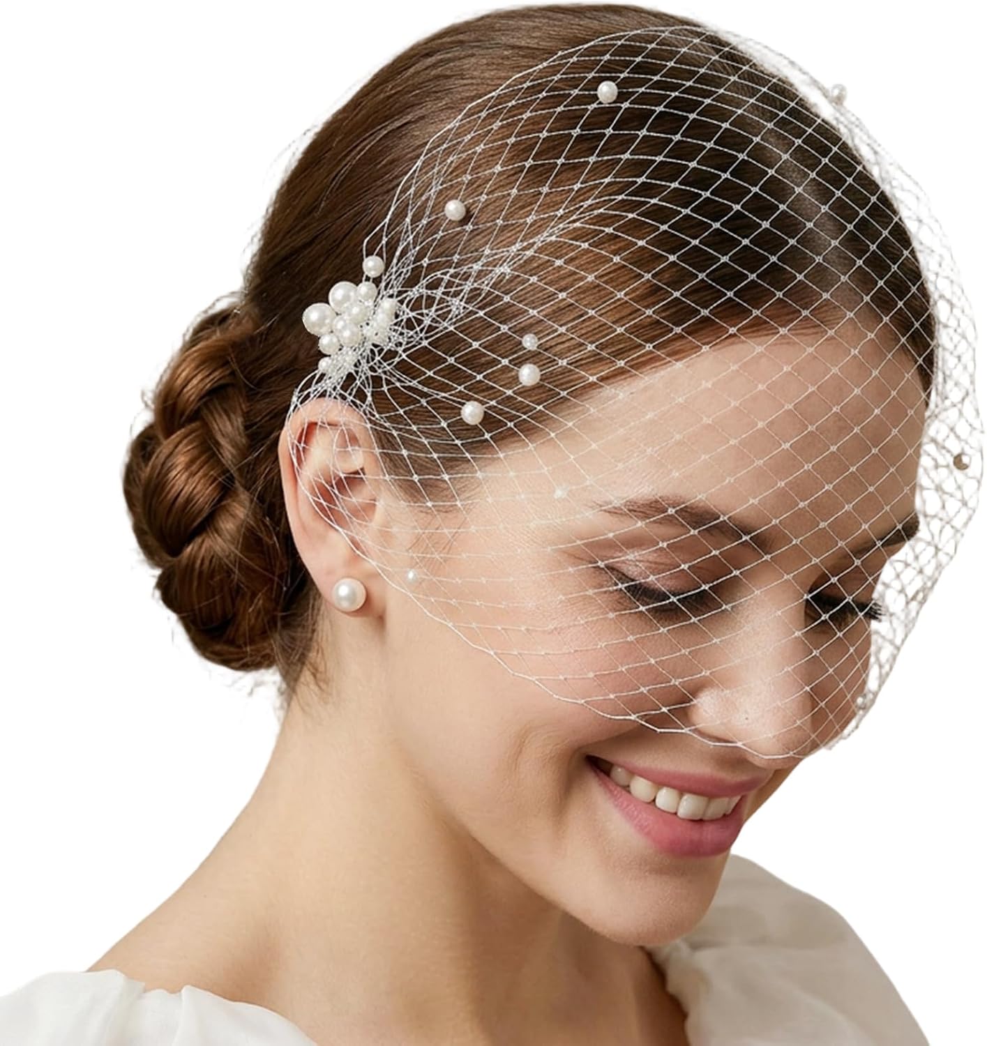 Pearl Birdcage Veil Headpiece with Clip, White Mesh Fascinator, 1920s Vintage Headwear for Wedding Tea Party Halloween Costume Accessories