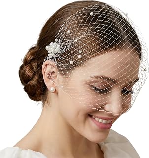 Pearl Birdcage Veil Headpiece with Clip, White Mesh Fascinator, 1920s Vintage Headwear for Wedding Tea Party Halloween Costume Accessories