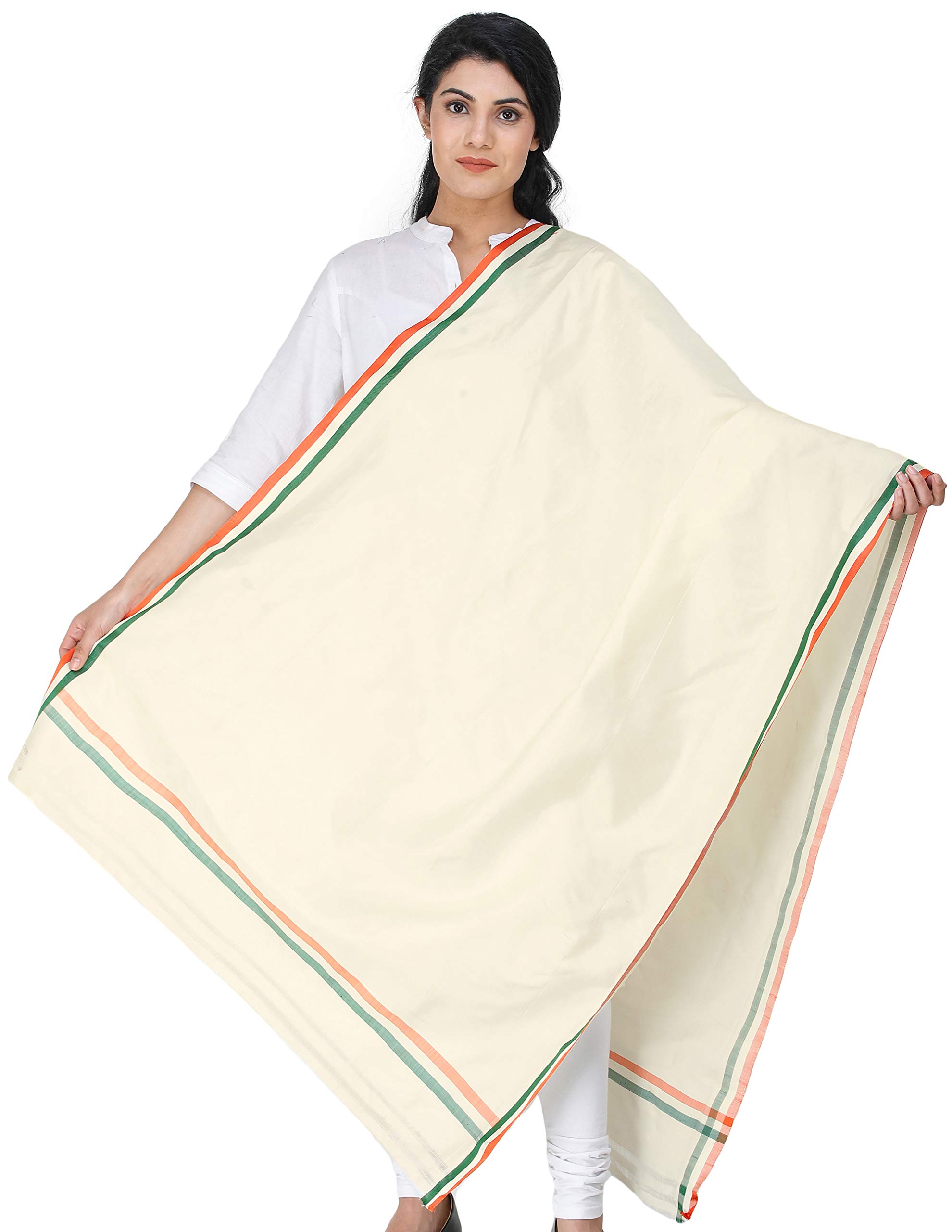 exotic india Women's Pure Silk Cream Dupatta with Tri-Color Woven Stripes on Border-picture-17