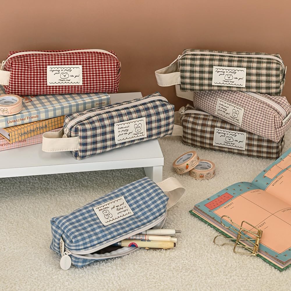 Monolike Unmatched Friends Fabric Check Block Pencil Case, Vintage green - Aesthetic Gingham Pastel Desk Organizer, Soft Padded Makeup Brush Case, Trendy Minimalist Stationery Pouch