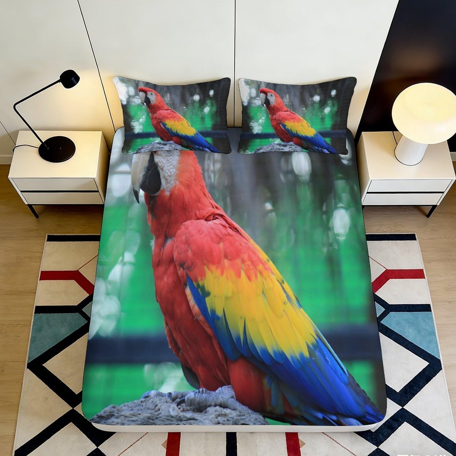 3D Printed Parrot Fitted Sheet Microfiber Deep Pocket Bedroom Bedding Parrot Mattress Fitted Cover Non-Slip Full Wrap for Adults 180x200x25cm