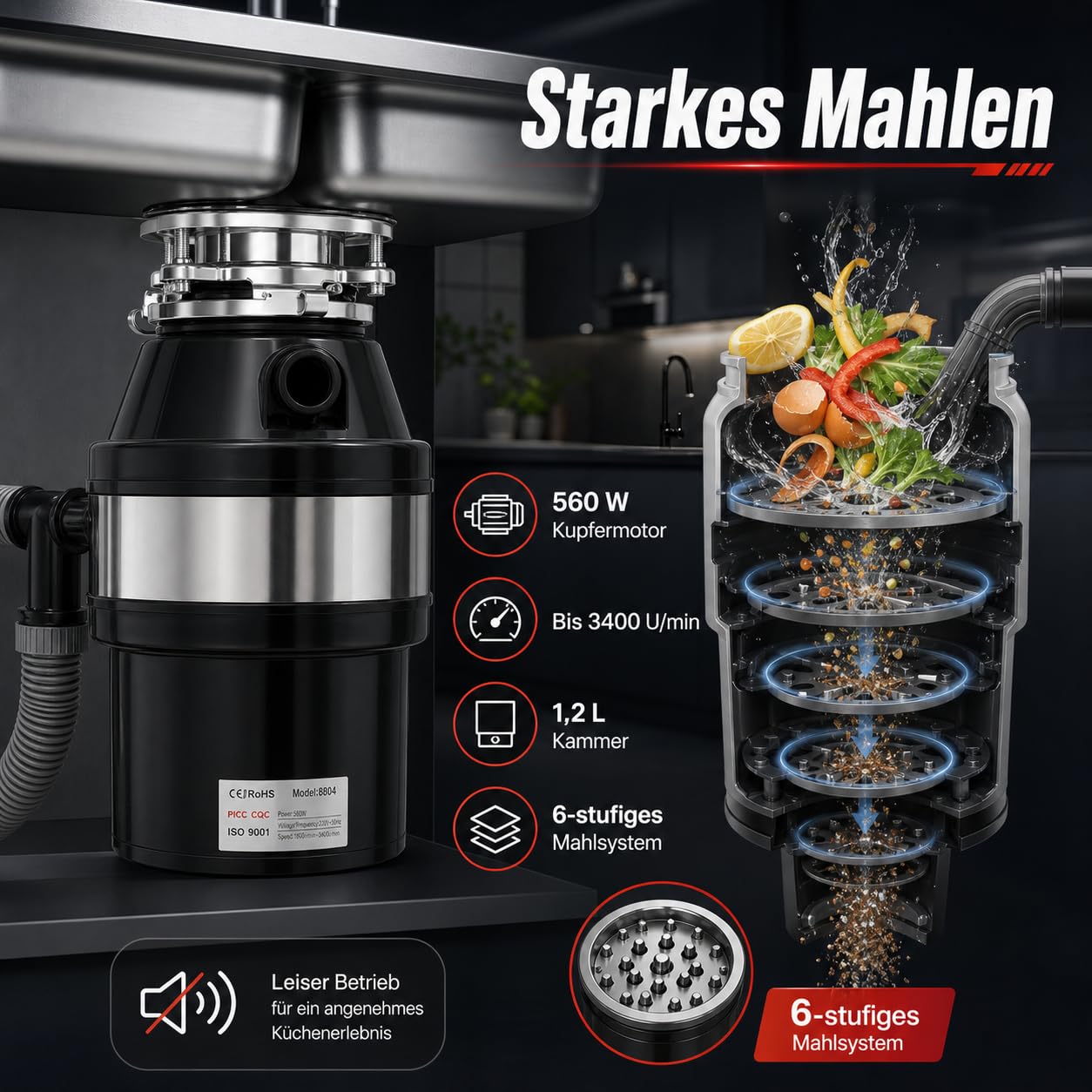 Trituradora de residuos de cocina, 560 W, 0,75 CV, de acero inoxidable, con protección contra sobrecarga y conexión para lavavajillas, cámara de molienda de 1,2 L, velocidad de rotación 1800 – 3400