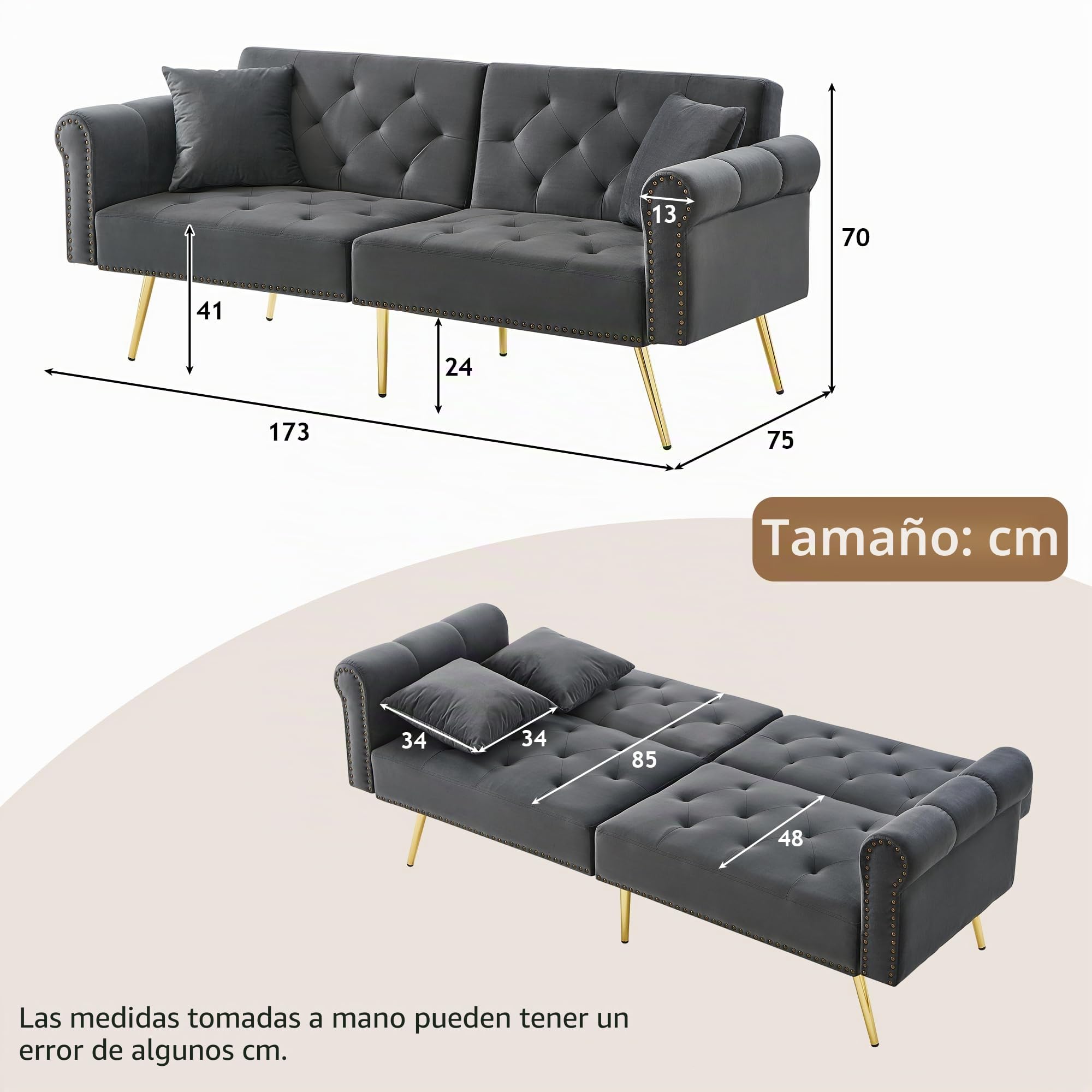 Sofá cama moderno de 2 plazas, funda de terciopelo, respaldo ajustable en 3 niveles, patas doradas, elegante dormitorio, ahorra espacio, resistente (gris)