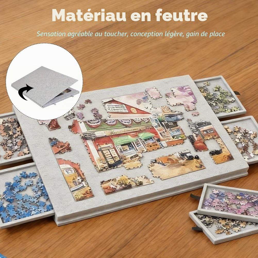 Planche à puzzle inclinable avec support 2-en-1 et couvercle, Plateau à puzzle en feutre léger avec 6 tiroirs pour adultes, Table à puzzle en feutre portable pour jusqu'à 1000 pièces, Plateau à puzzle