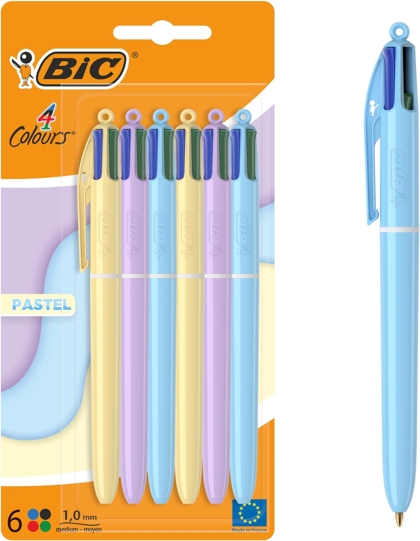 4 Colours Pastel Ball Pens with Medium Points (1.00 mm) - Assorted Colours, Pack of 6