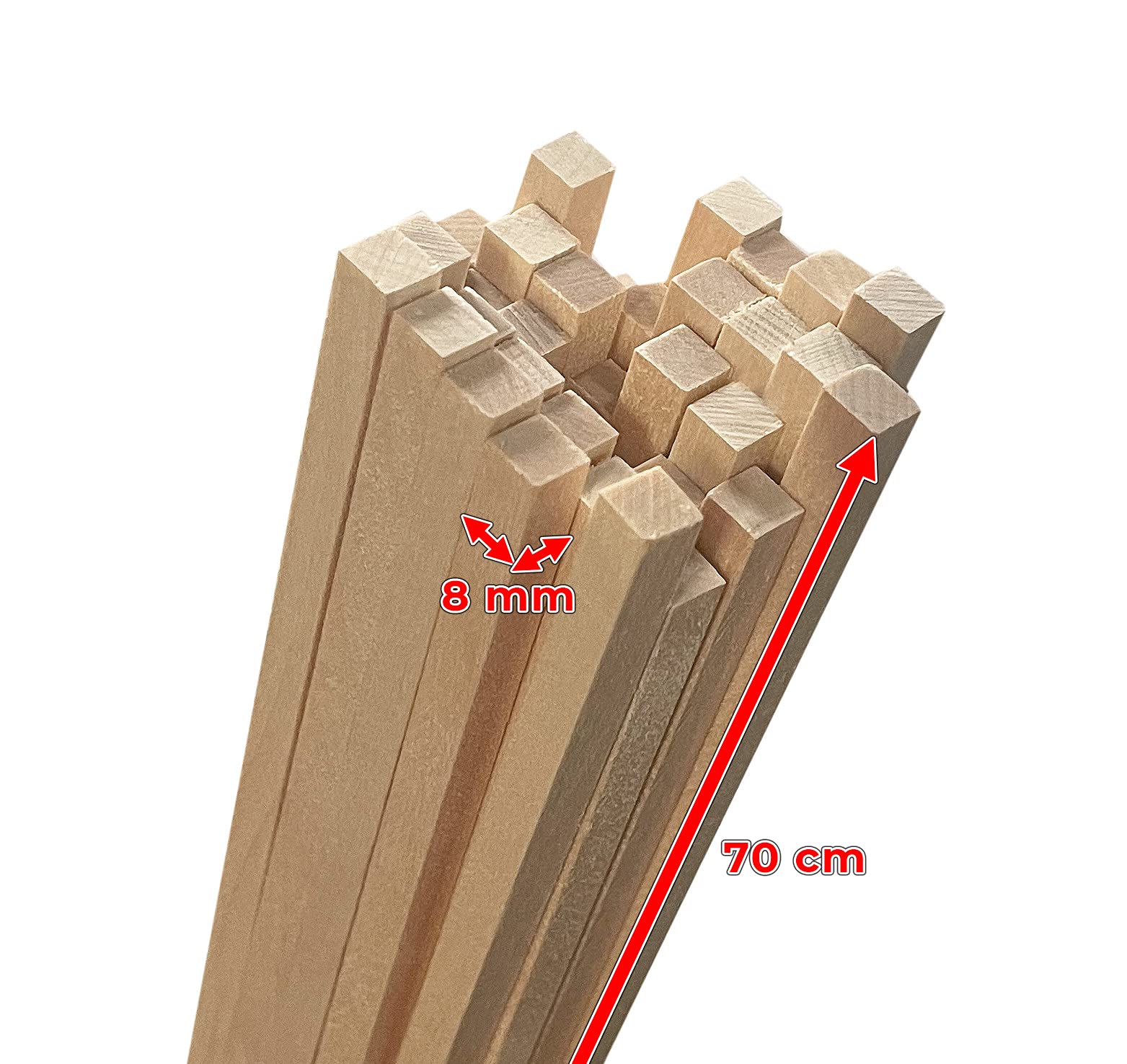 Lot de 50 bâtonnets en bois (carrés, 8x8 mm, longueur 70 cm, bois de bouleau)