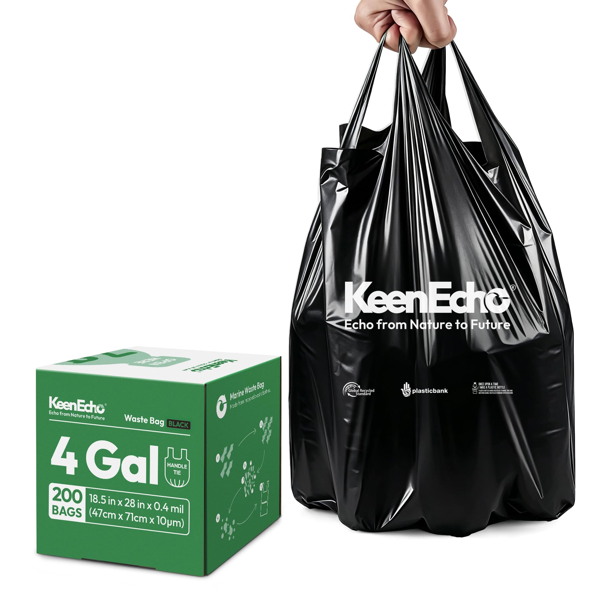 Kleine Müllbeutel mit Tragegriffen – Upcycling von Meeresplastik – Müllbeutel für Küche, Bad, Büro und Haustierabfälle, ca. 15 Liter (4 Gallonen), 200 Stück, Schwarz