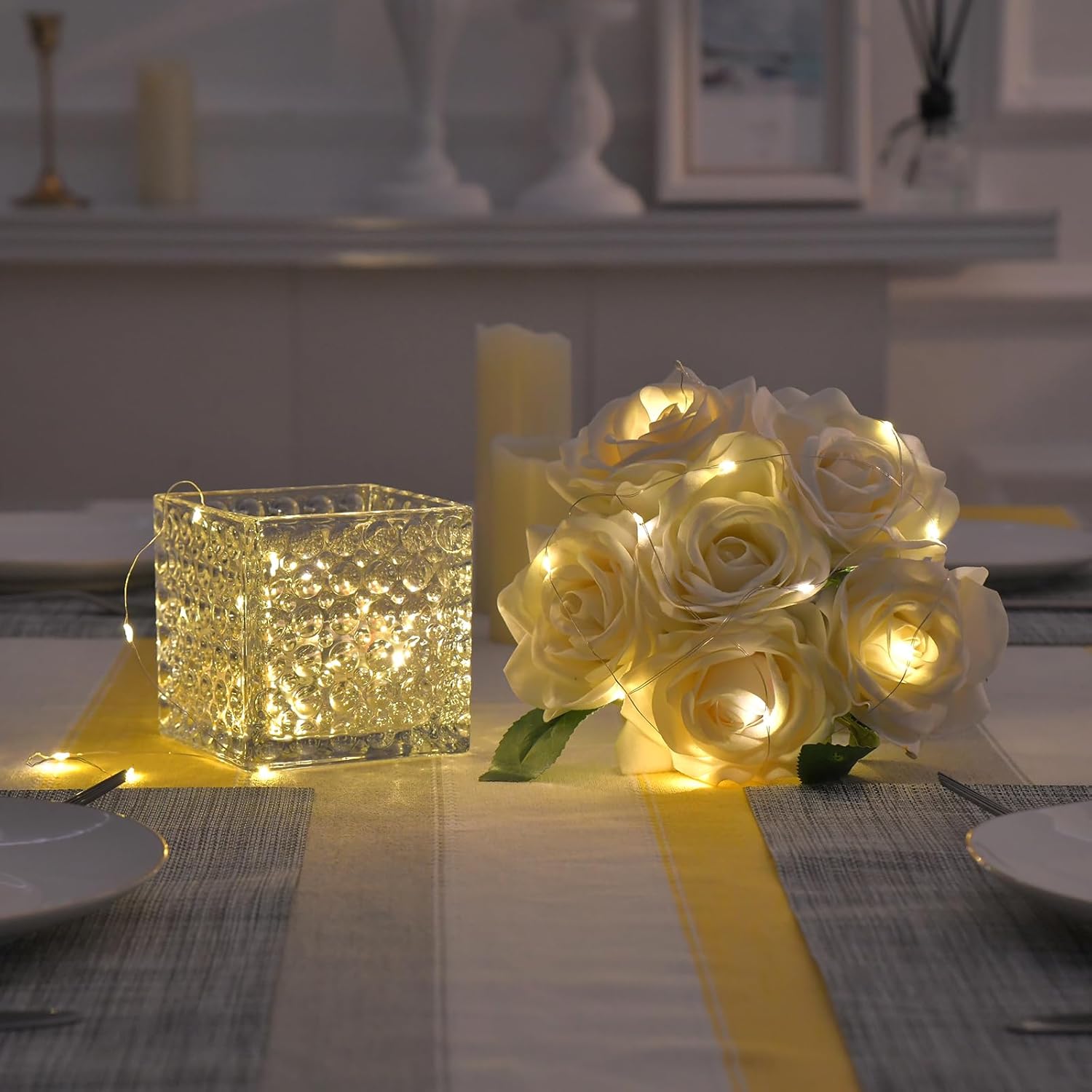 Fule Artificial Silk Rose Flower Centerpiece Arrangement in Glass Vase with LED Light for Home Wedding Decoration (Ivory) - Image 6
