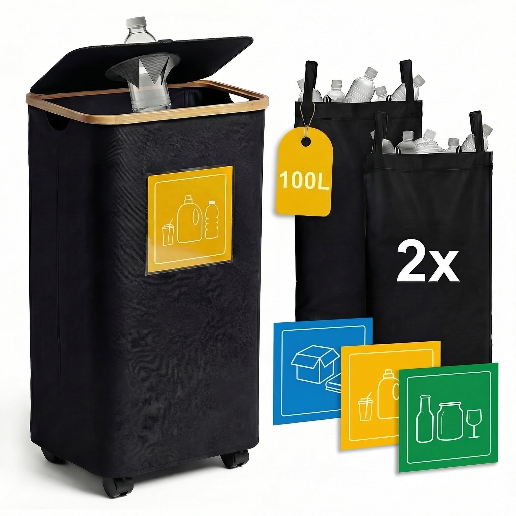 Viviendo 100L Foldable Recycling Bin for Kitchen with Wheels and 2 Bags
