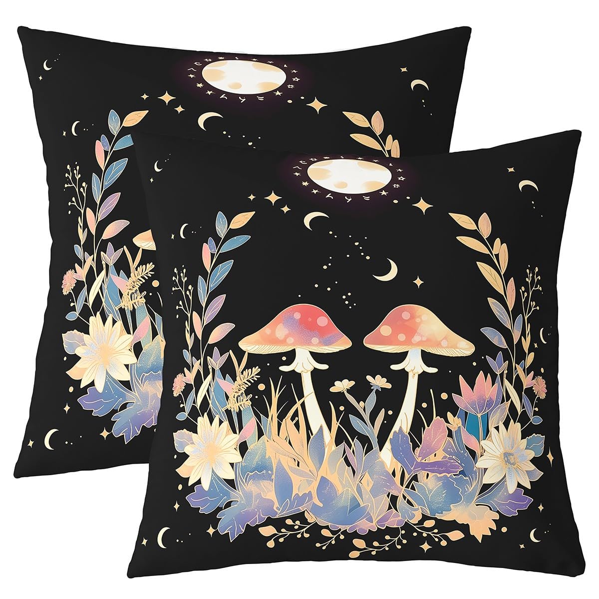 Homemissing Mushroom Square Cushion Covers Set of 2 45x45cm Boho Reversible Throw Pillow Covers Sun and Moon Pillow Covers Home Decor Flower Throw Pillowcases for Sofa Couch Chair