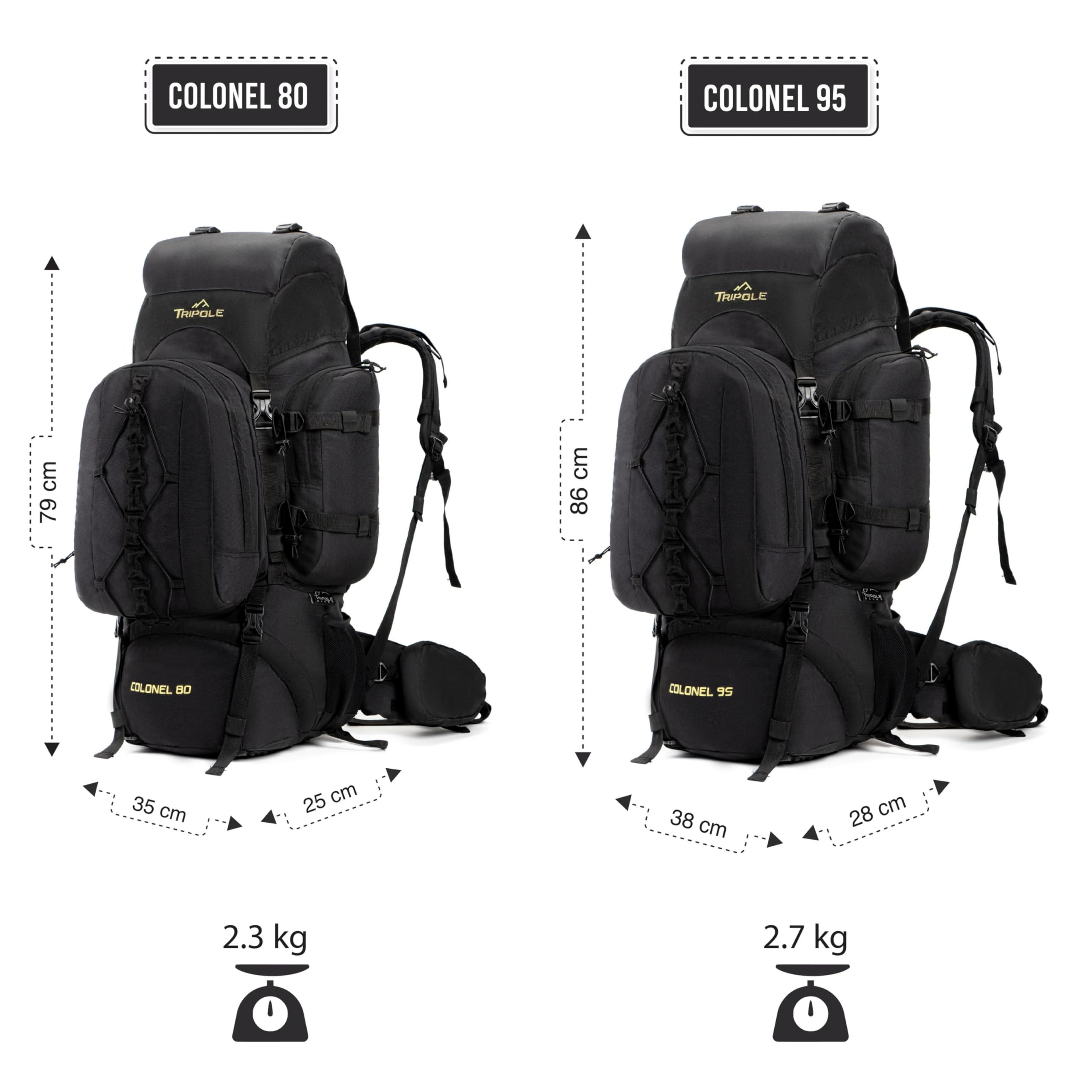 Tripole Mochila Colonel de 95 Litros con Mochila Desmontable - Senderismo, Trekking, Viajes, Camping, Resistente al Agua, con Espalda Transpirable, Negro