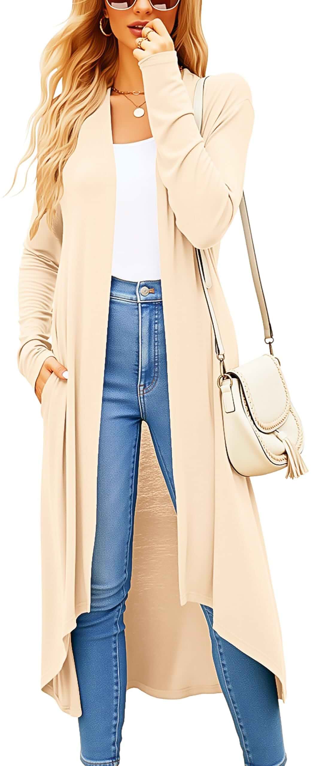 Newchoice Womens Long Cardigan Lightweight Long Sleeve Cardigan Duster Casual Flowy Draped Classic High Low Hem Open Front Cardigan Sweater with Pockets Summer Fall Fashion Outfits