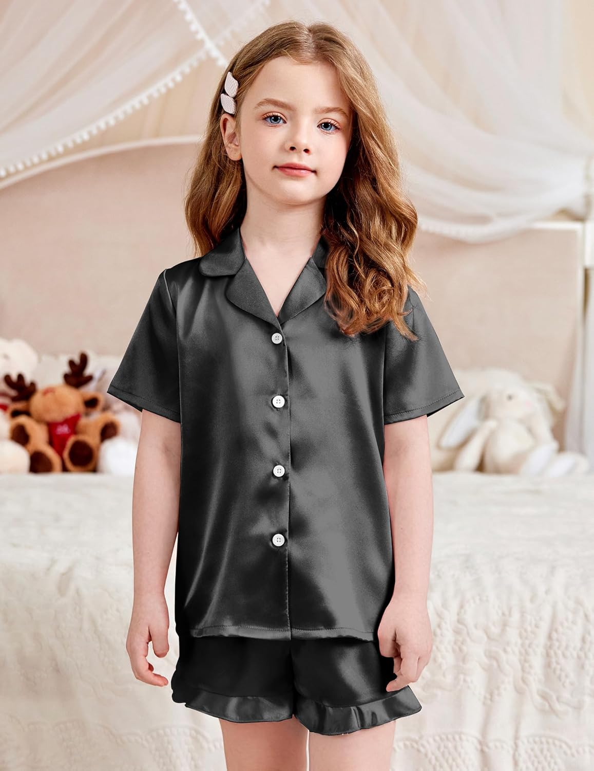 Arshiner Girls Pajamas Silk Satin Pajama Set 2 Piece Button Down Pjs Ruffle Sleepwear - Image 2